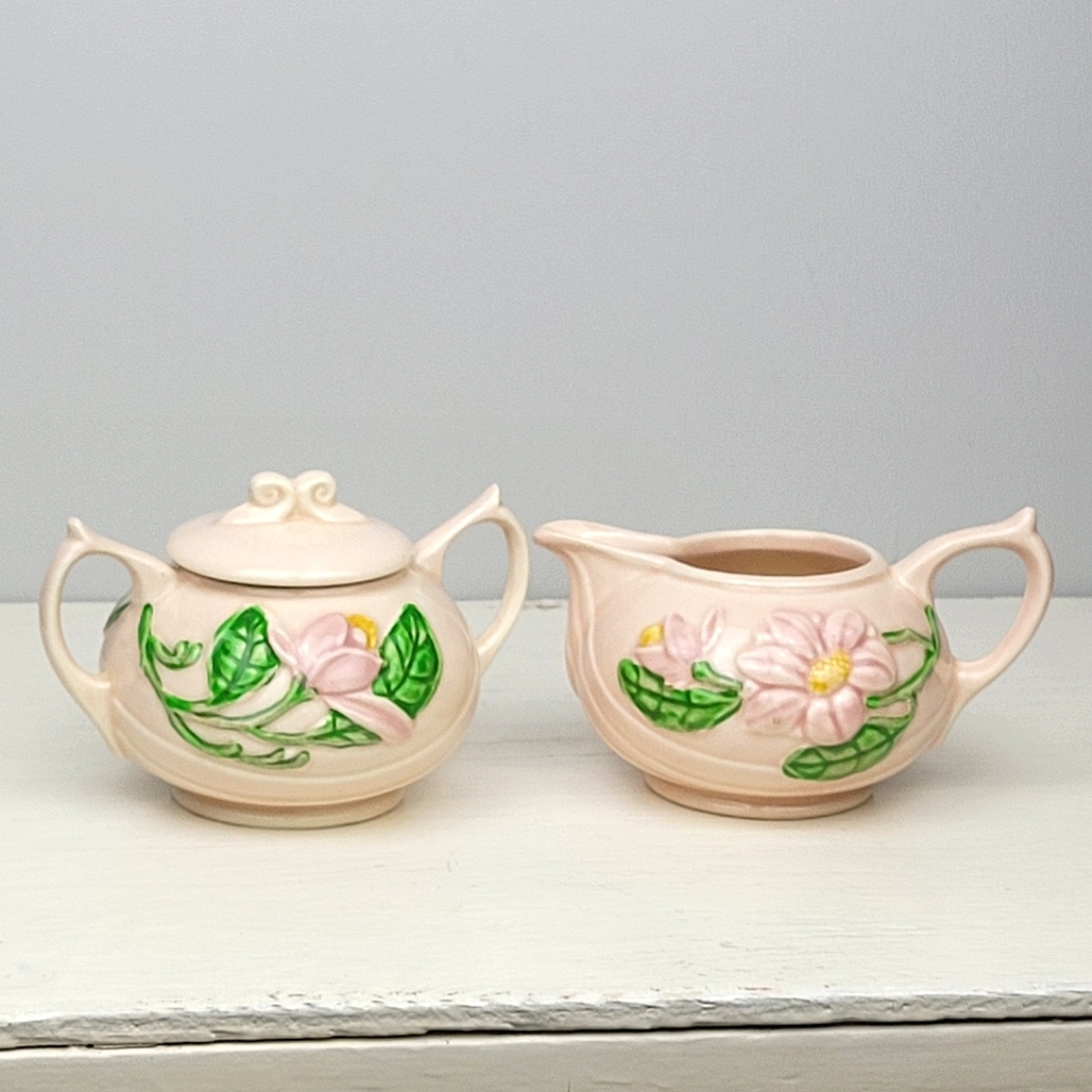 Pink Magnolia Hull Art Pottery Sugar Bowl & Creamer Set Vintage Designer Marked